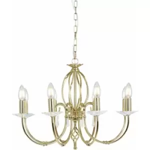 8 Bulb Chandelier Cut Glass Droplets Curved Stem Polished Brass LED E14 60W