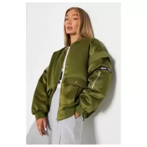 I Saw It First Oversized Satin Bomber Jacket - Green