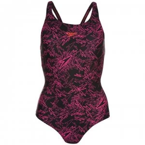 Speedo Boom All Over Print Medallist Back Swimsuit Ladies - Blk/Elec Pink