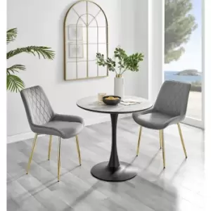 Furniturebox Elina White Marble Effect Modern 80cm Round Dining Table & 2 Grey Pesaro Gold Leg Velvet Chairs