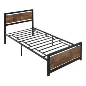 Homcom Single Size Metal Bed Frame With Headboard And Footboard 97X195X103Cm Black And Rustic Brown