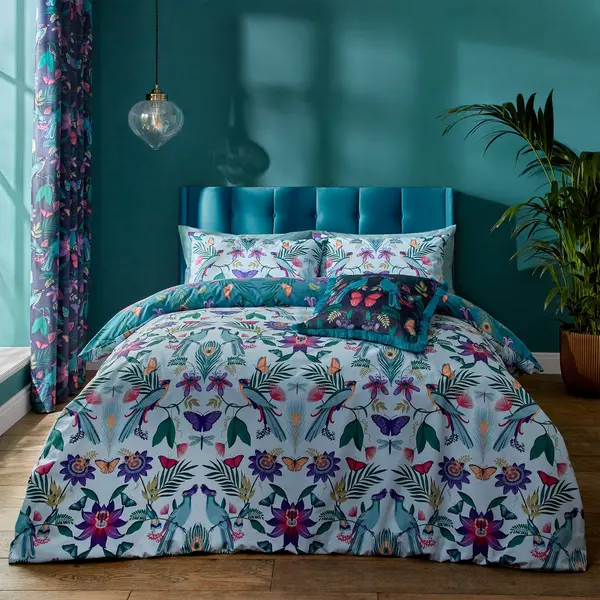 Catherine Lansfield Mya Tropical Floral Duck Egg Blue Duvet Cover and Pillowcase Set Duck Egg (Blue)