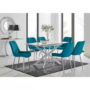 Furniture Box LIRA 120 Extending Dining Table and 6 Blue Pesaro Silver Leg Chairs