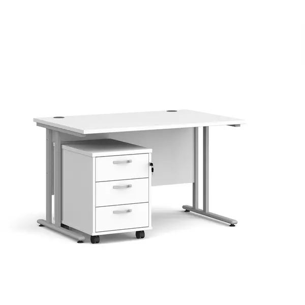 Maestro 25 Straight Desk Silver Frame White Table Top and 3 Drawer Pedestal - 1200mm