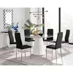 Furniture Box Palma White Marble Effect Round Dining Table and 6 Black Milan Chrome Leg Chairs