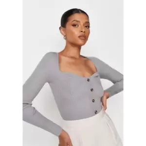 Missguided Neck Button Front Top - Grey