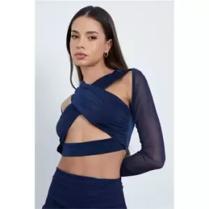 I Saw It First Navy Slinky & Mesh Ruched Front Long Sleeve Crop Top - Blue