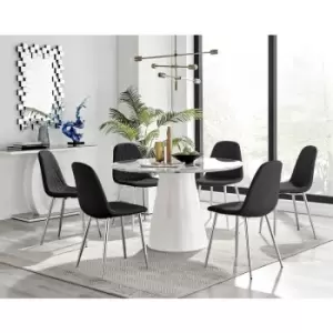 Furniturebox Palma White Marble Effect 120cm Round Minimalist Dining Table & 6 Black Corona Faux Leather Dining Chairs with Silver Legs Diamond Stitch