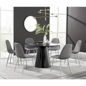 Furniturebox Palma Black Semi Gloss 120cm Round Minimalist Dining Table & 6 Grey Corona Faux Leather Dining Chairs with Silver Legs Diamond Stitch