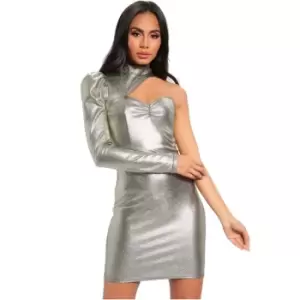 I Saw It First Metallic One Sleeve High Neck Dress - Metallics