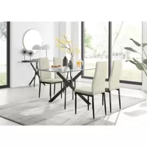 Furniturebox UK - Furniturebox Leonardo 4 Black Leg Glass Dining Table and 4 Cream Milan Velvet Dining Chairs With Black Legs Diamond Stitch Modern