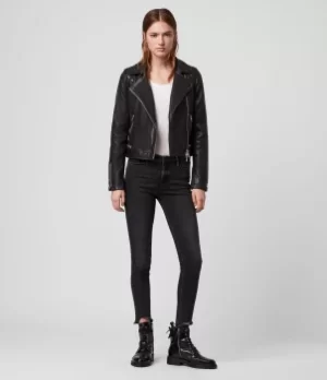 AllSaints Womens Leather Quilted Traditional Conroy Biker Jacket, Black, Size: 8