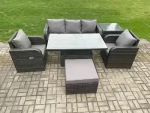 Fimous 5 Seater Outdoor Dark Grey Wicker PE Rattan Garden Furniture with Adjustable Table, Armchair, and Big Footstool