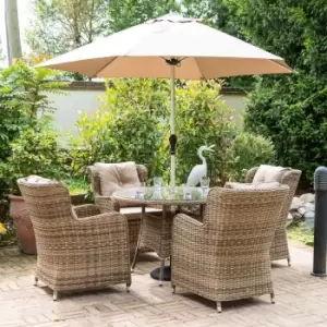 Katie Blake Seville 4 Seat Round Dining Set with Parasol and Base - Natural