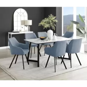 Furniturebox Carson White Marble Effect Rectangular 160cm Dining Table & 6 Blue Falun Black Leg Fabric Chairs