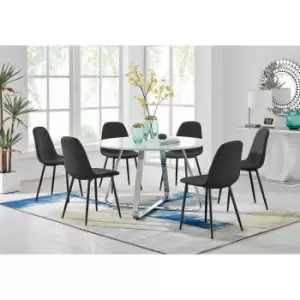 Furniture Box Santorini White Round Dining Table and 6 Black Corona Black Leg Chairs