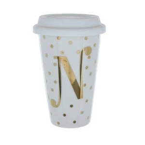 Initials N Double Walled Travel Mug With Silicone Lid - Gold Spots