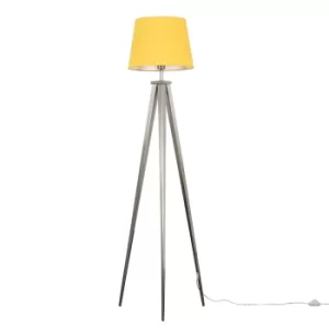 Nero Brushed Chrome Tripod Floor Lamp with Mustard Aspen Shade