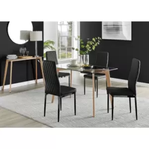 Furniturebox UK - Furniturebox Malmo Rectangular Glass and Wooden Leg Modern Industrial Dining Table & 4 Black Milan Black Leg Faux Leather Chairs