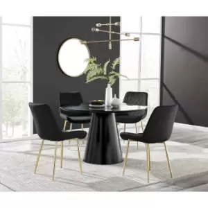 Furniture Box Palma Black Semi Gloss Round Dining Table and 4 Black Pesaro Gold Leg Chairs