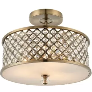 Flush Ceiling Mounted Light Antique Brass & Crystal Lamp Bulb Holder Round Shade