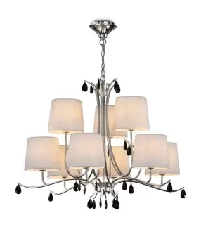 Andrea Ceiling Pendant 88cm Round, 6+3 x E14 (Max 20W), Polished Chrome, White Shades, Black Crystal Droplets