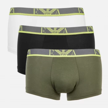 Emporio Armani 3 Pack Eva Stretch Cotton Neon Waistband Trunks Black/White/Khaki Size S Men