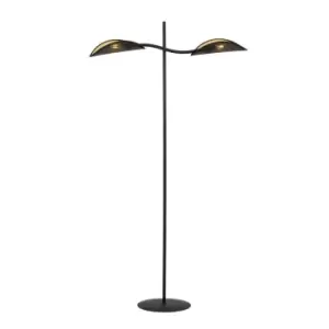 Lotus Black Multi Arm Floor Lamp with Black, Gold Fabric Shades, 2x E14