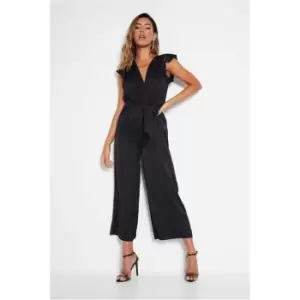 I Saw It First Black Satin Frill Sleeve Plunge Tie Waist Coulotte Jumpsuit - Black