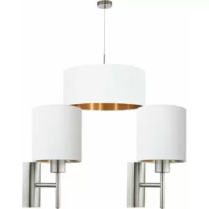 Ceiling Pendant Light & 2x Matching Wall Lights Satin Nickel White Copper Shade