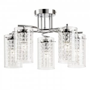 5 Light Semi Flush Multi Arm Ceiling Light Chrome, Clear Glass Drops, E14