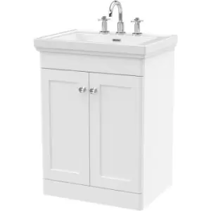 Nuie Classique Floor Standing 2-Door Vanity Unit with Basin 600mm Wide Satin White - 3 Tap Hole