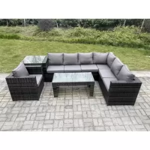 Fimous 7 Seater Outdoor Dark Grey Rattan Lounge Complete Sofa Set with Rectangular Coffee Table and Arm Chair Right Hand