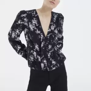 Printed V-Neck Blouse with Long Puff Sleeves